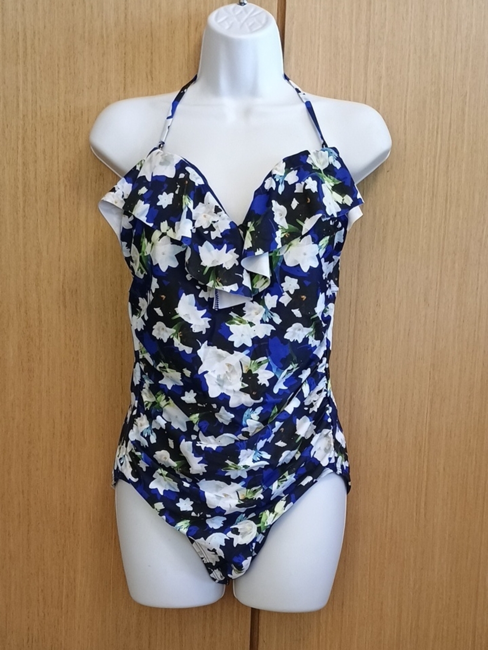 Nicole Miller SZ XL Blue Floral Ruffle One-Piece Swimsuit